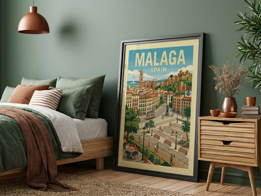 Malaga, Spain travel poster in a retro style with vintage colors, featuring city landmarks and a tram.