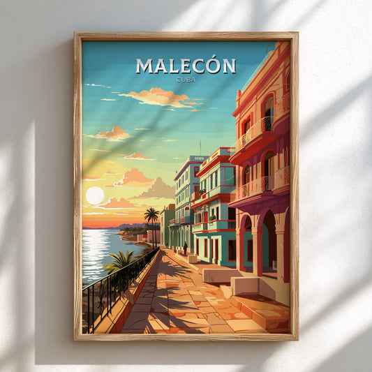 Malecon, Cuba Travel Poster on a light wooden Frame