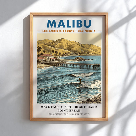 Poster of Malibu California surf break with a pier and golden coastal hills