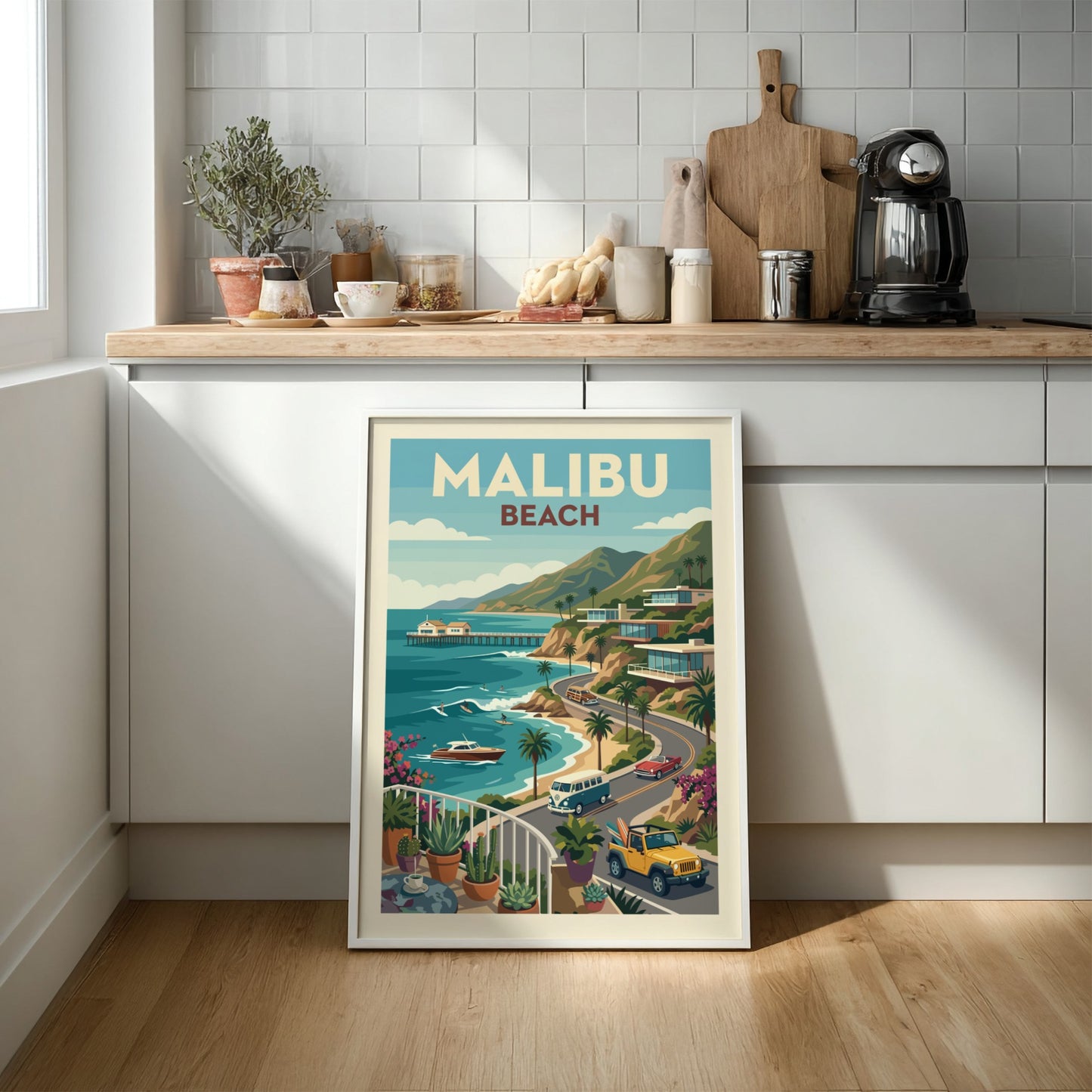 Retro illustration of Malibu Beach with vintage cars, coastal homes, and the ocean.