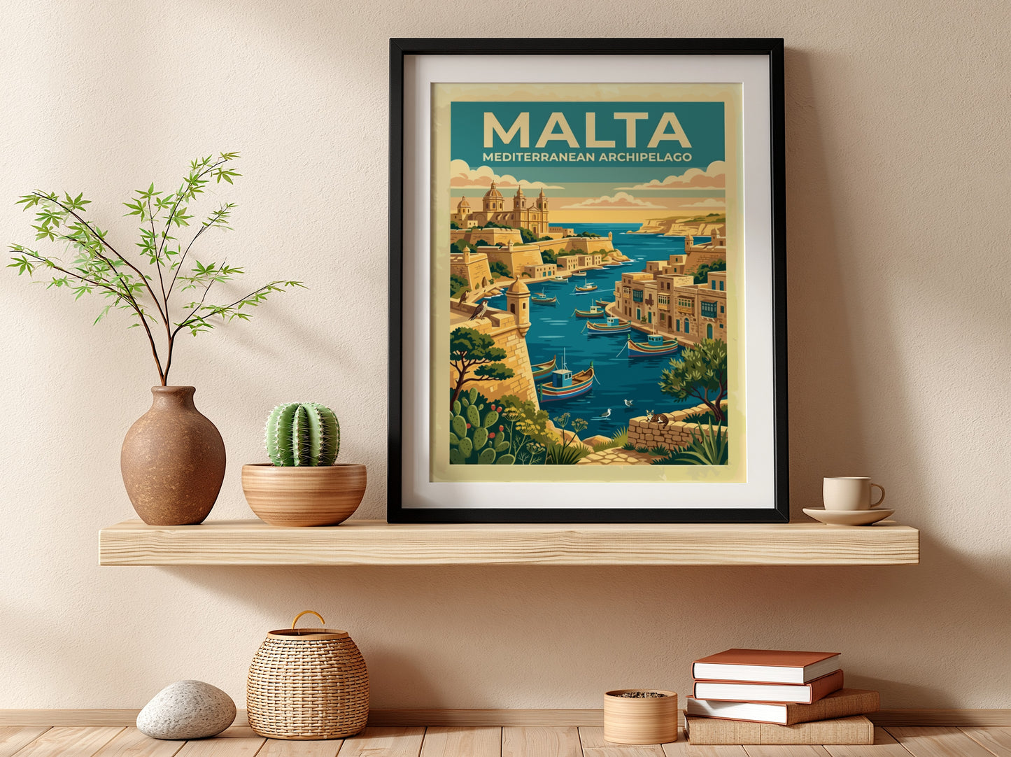 Travel poster of Malta Mediterranean Archipelago featuring a harbour with boats and architecture