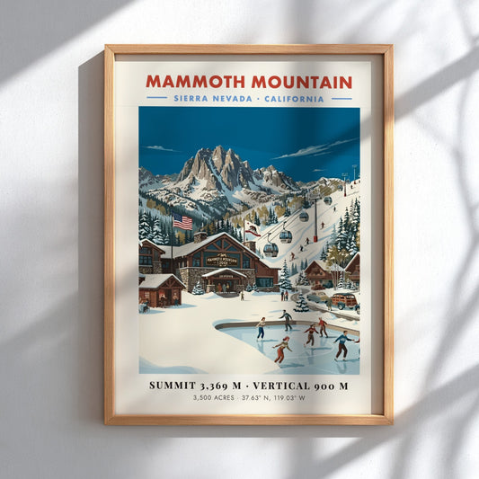 Mammoth Mountain ski resort poster featuring vintage style, winter landscape, skaters, and mountain peaks.