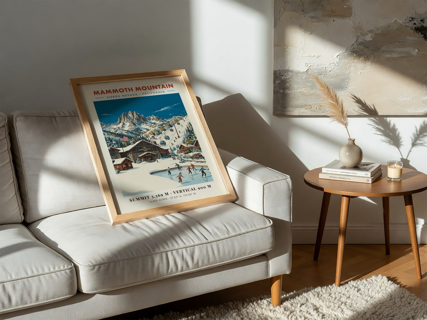 Mammoth Mountain ski resort poster featuring vintage style, winter landscape, skaters, and mountain peaks.