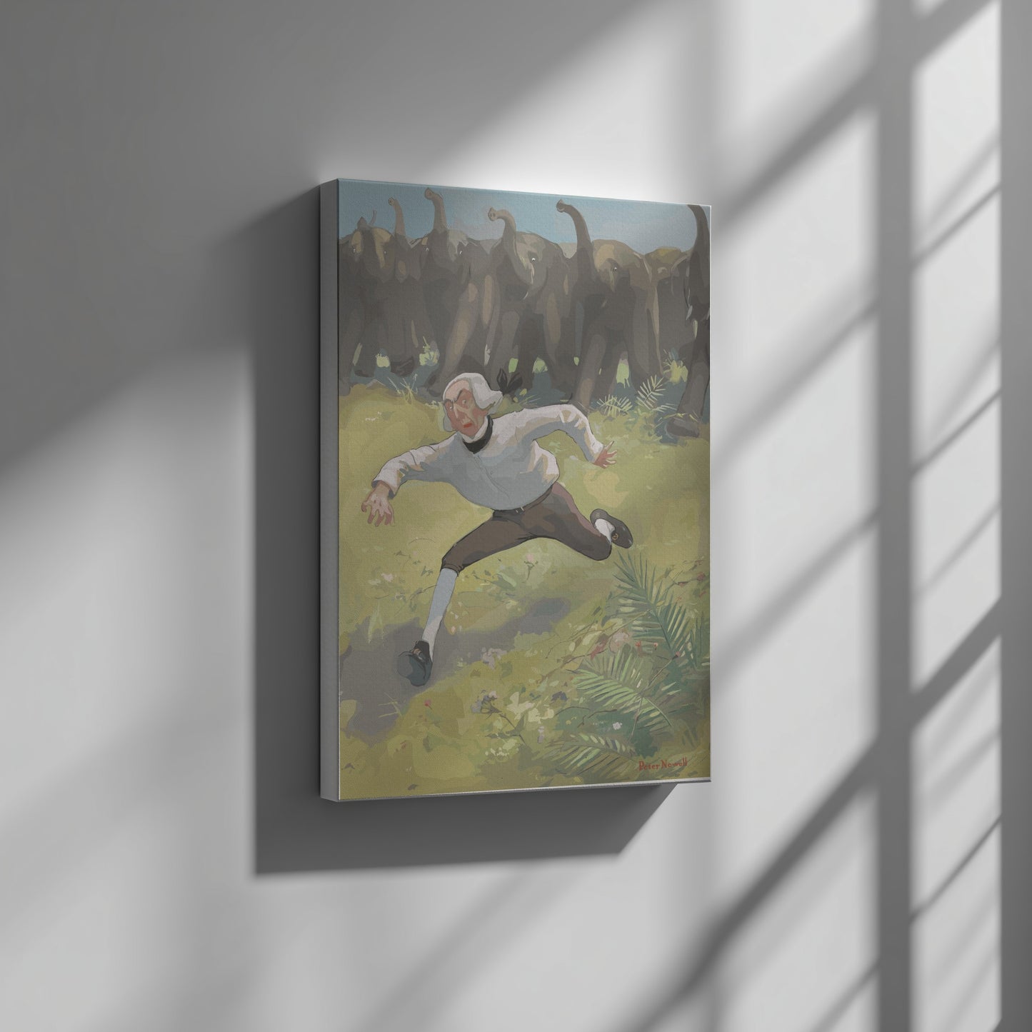 Famous Art Poster of a man running from a herd of elephants, vintage illustration style.