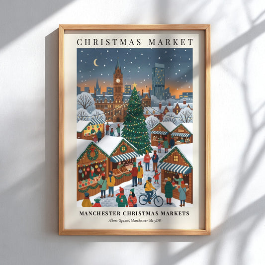 Poster of Manchester Christmas Markets with town hall, snowy streets, and glowing holiday stalls.