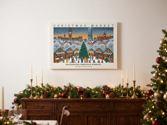 Poster of Manchester Christmas Markets showing festive wooden stalls and city buildings in snow.