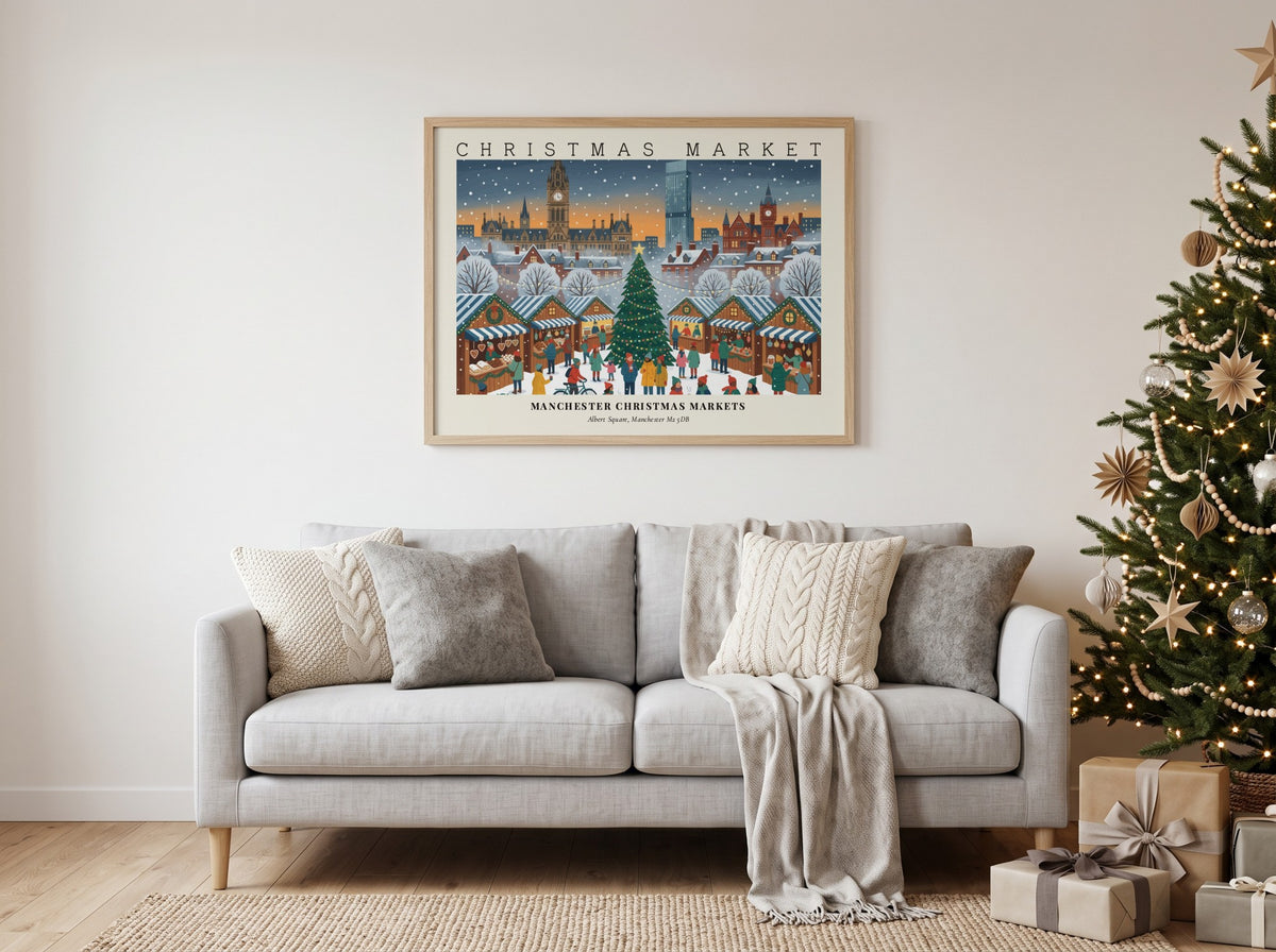 Poster of Manchester Christmas Markets showing festive wooden stalls and city buildings in snow.