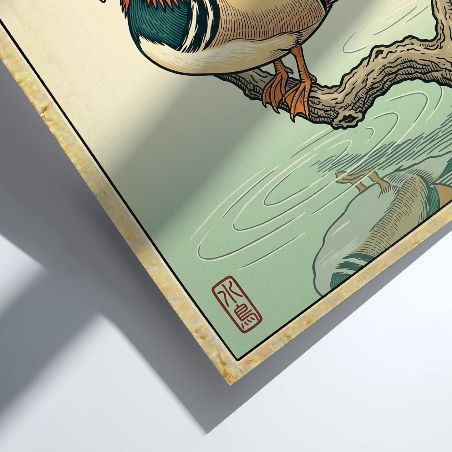 Mandarin duck poster featuring vibrant colors and Japanese art style
