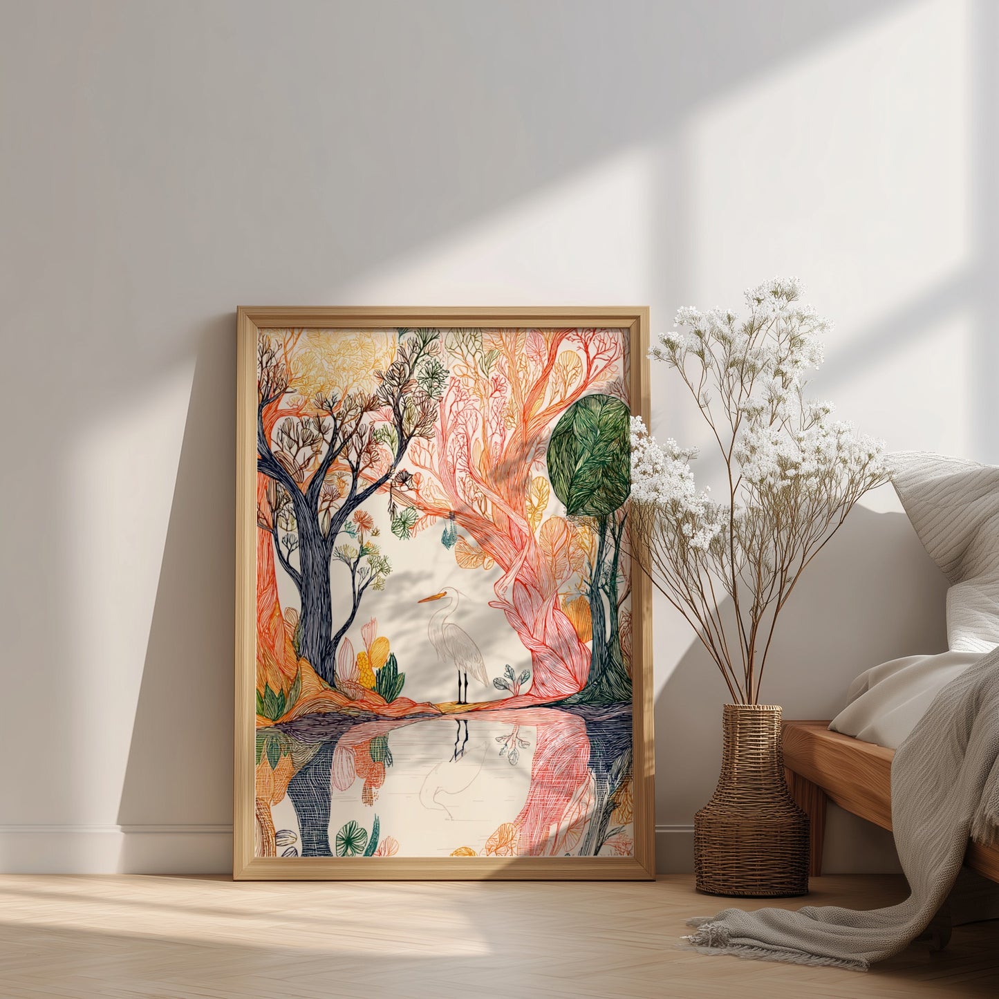 Whimsical illustration poster of a white egret standing by water in a colorful forest, featuring detailed
