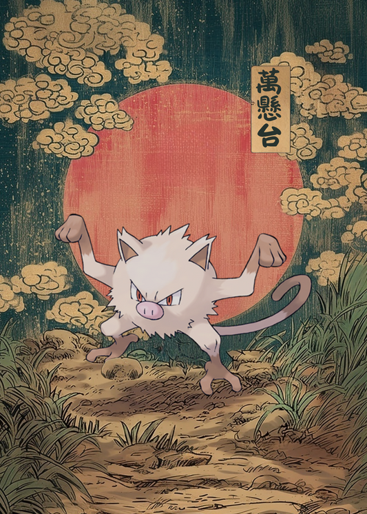 Mankey Pokemon character in a stylized, possibly Japanese, setting with a large red circle and clouds.