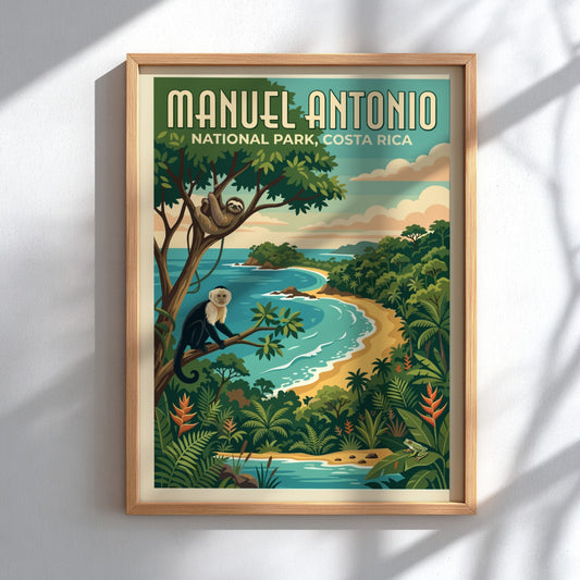 Travel poster of Manuel Antonio National Park featuring a monkey, sloth, and beach.