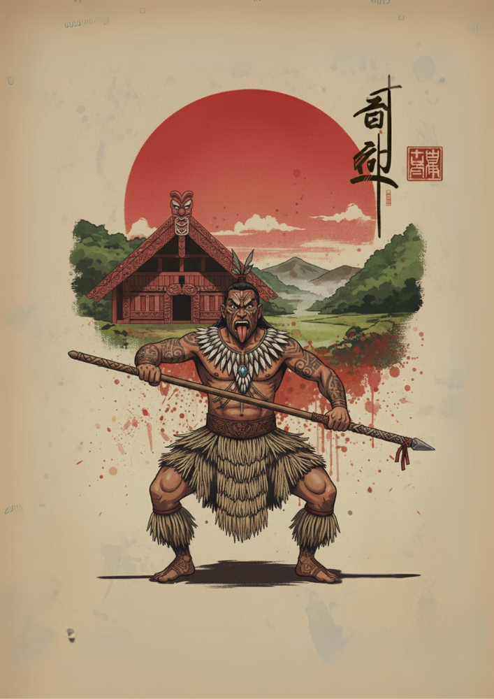 Illustration of a warrior in tribal attire with a traditional house and red sun in the background