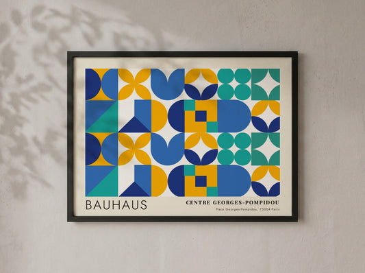 Bauhaus Centre Georges Pompidou poster featuring geometric shapes in blue, yellow, and teal.