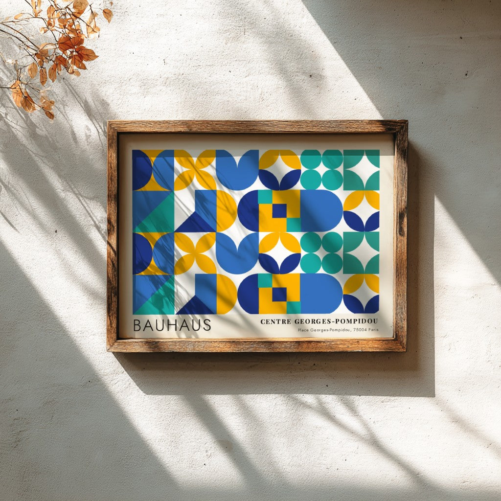 Bauhaus Centre Georges Pompidou poster featuring geometric shapes in blue, yellow, and teal.