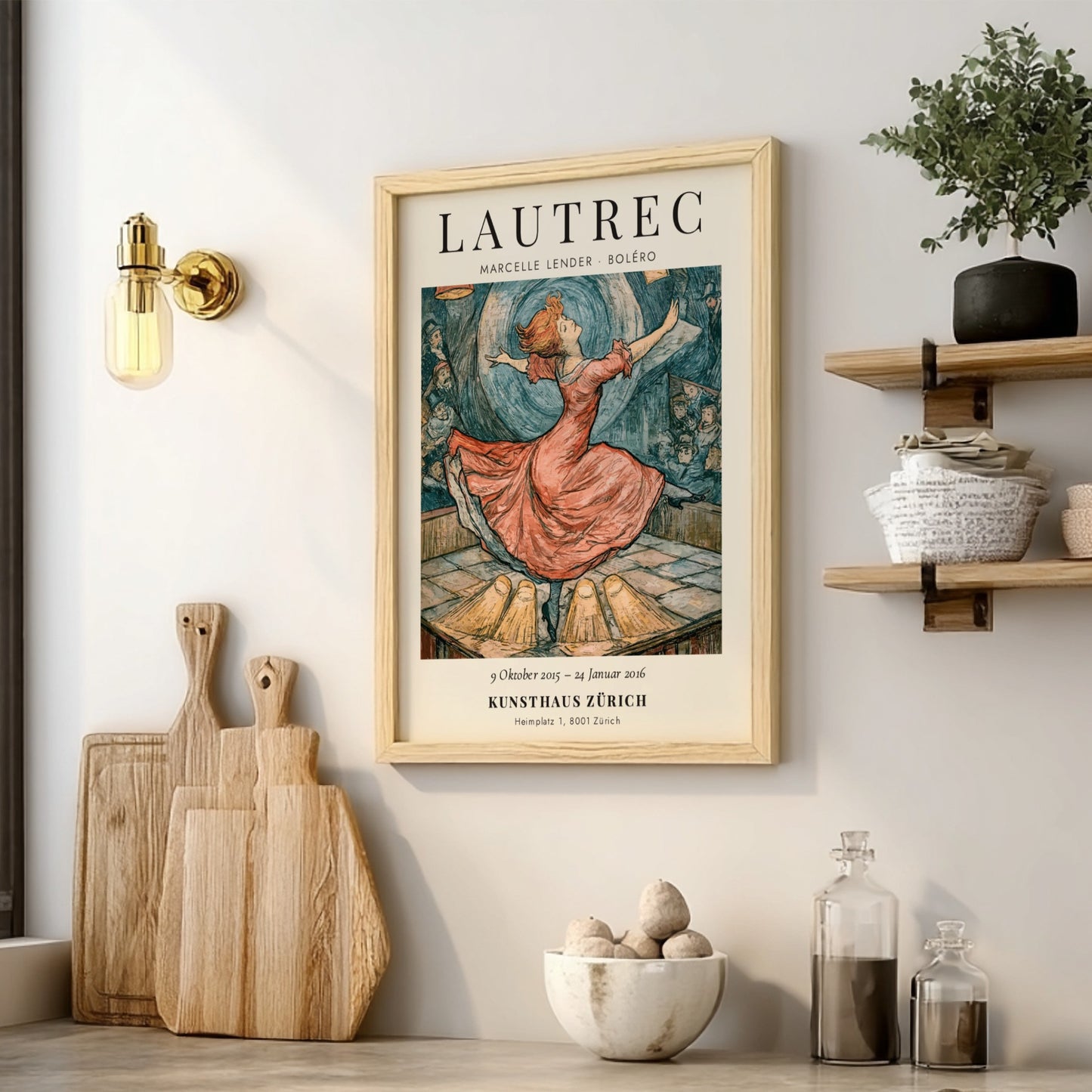 Toulouse-Lautrec poster featuring Marcelle Lender in a red dress, vibrant colors and dynamic dance pose