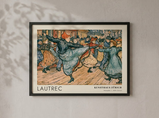 Wall art poster featuring Toulouse-Lautrec's Boléro dance scene in warm earthy tones and sketches.
