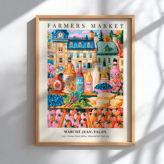 Marche Jean-Talon poster showcasing vibrant farmers market scene with colorful produce and local beverages