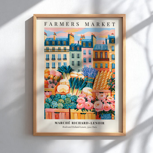 Farmers market poster featuring Marché Richard-Lenoir in Paris with colorful produce and flowers in a vibrant