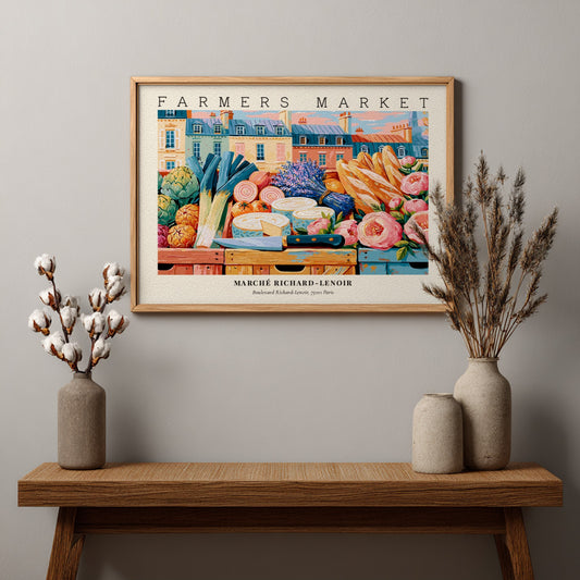 Farmers market poster featuring colorful produce and flowers in a Parisian market scene