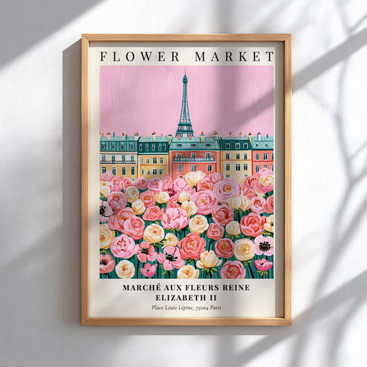 Flower market print featuring pink blooms and Parisian architecture in a vibrant, whimsical style.