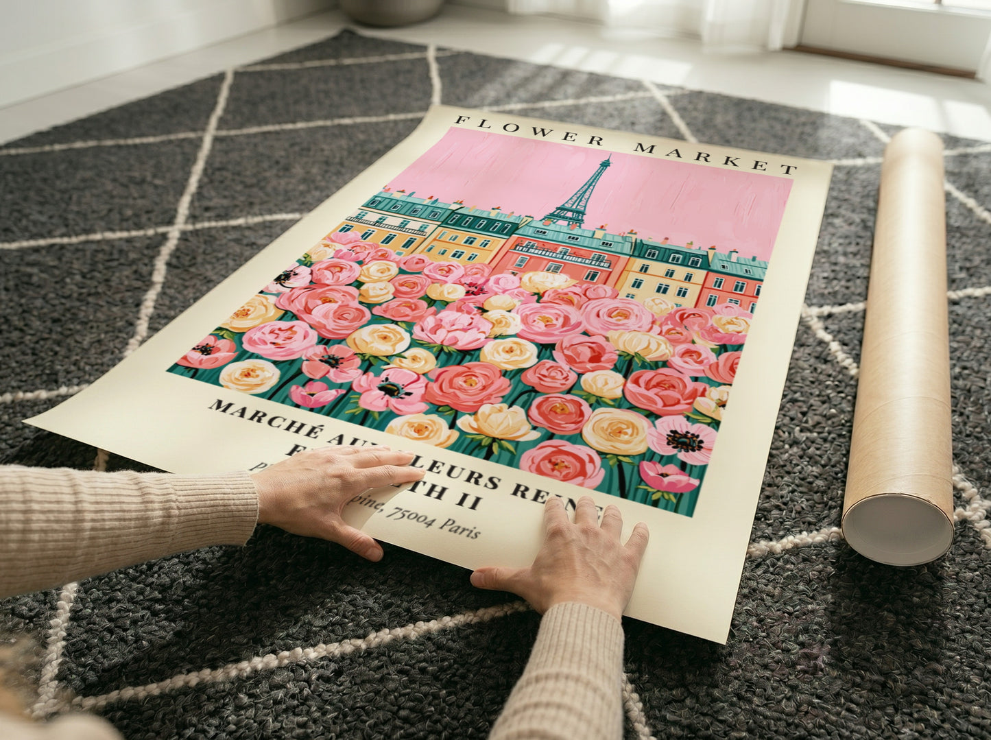 Flower market print featuring pink blooms and Parisian architecture in a vibrant, whimsical style.