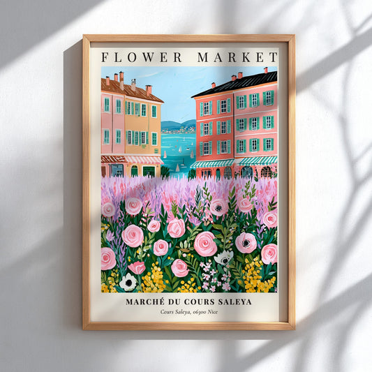 Flower market art print featuring pink flowers and colorful buildings by the sea in a whimsical style