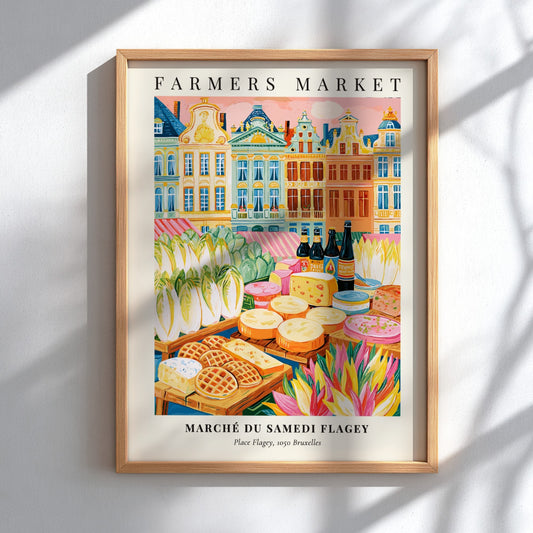 Farmers market poster featuring colorful produce and architecture in Bruxelles