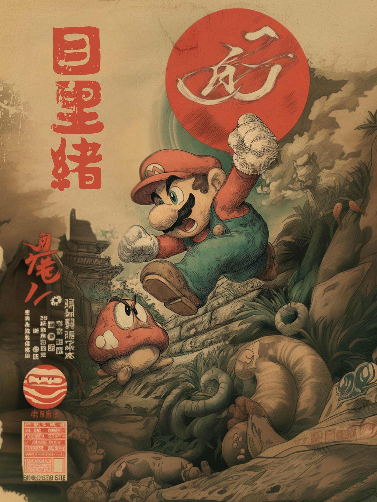 Super Mario character in a stylized, possibly retro-futuristic setting with text and symbols.