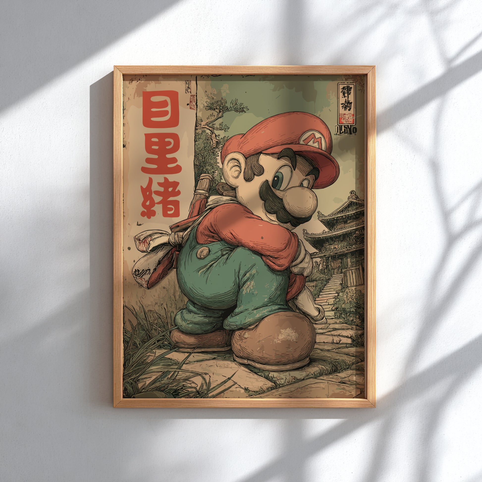 Framed artwork of Super Mario character in a traditional setting with Japanese text