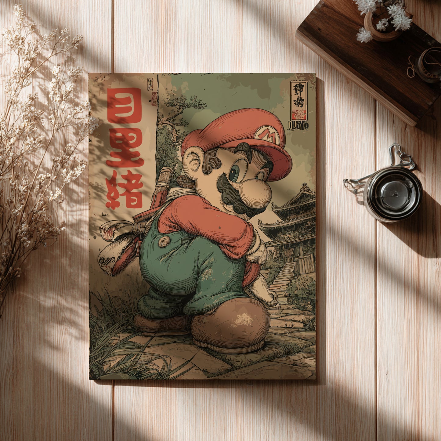 Vintage-style illustration of Super Mario on a wooden surface.