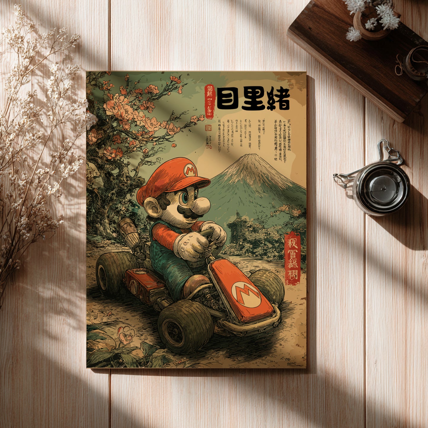Poster with Super Mario in a cart against a scenic background on a wooden surface.