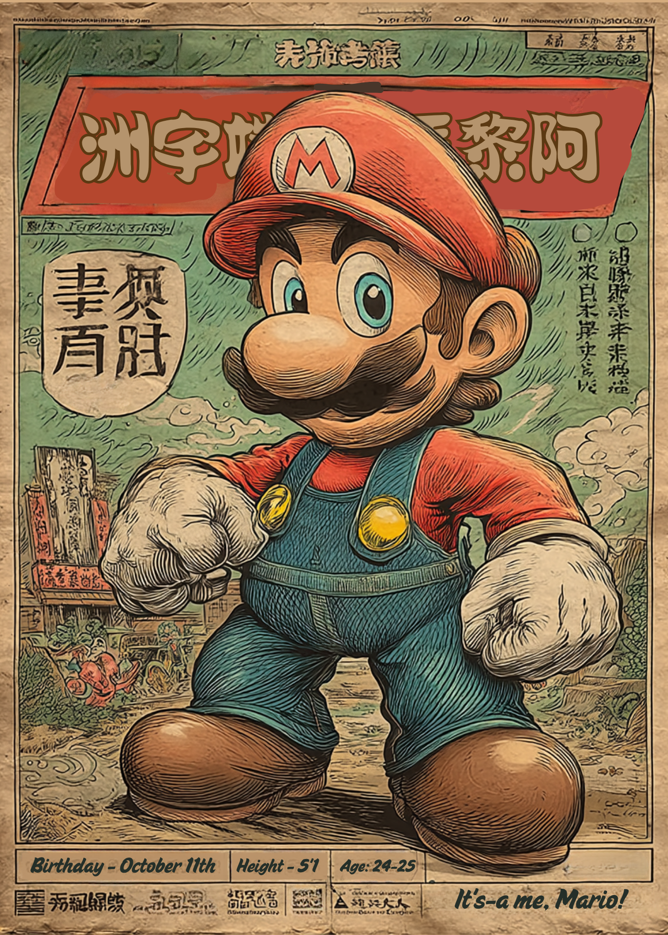 Super Mario, standing in a stylized urban setting.