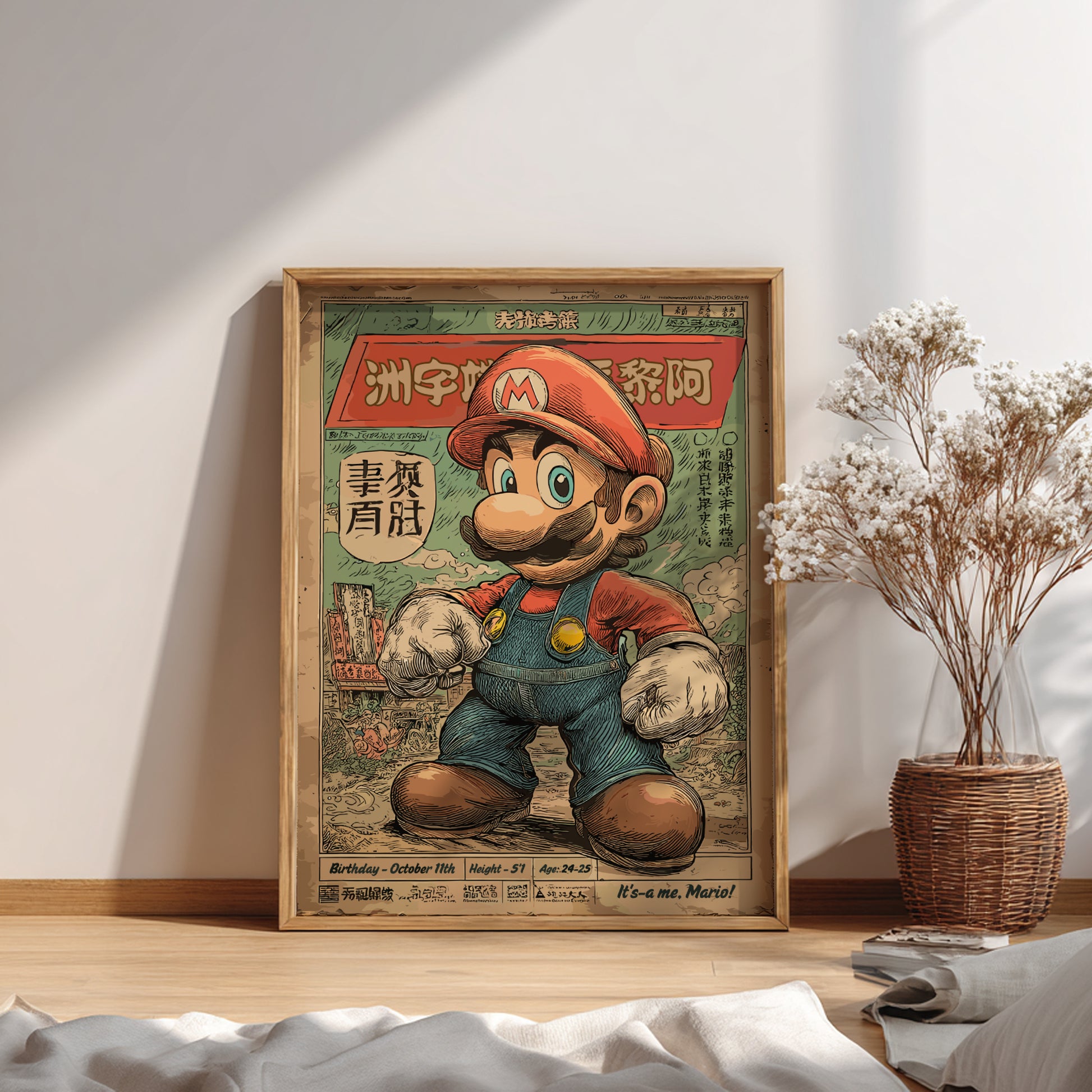 Framed poster of Super Mario on a wall.
