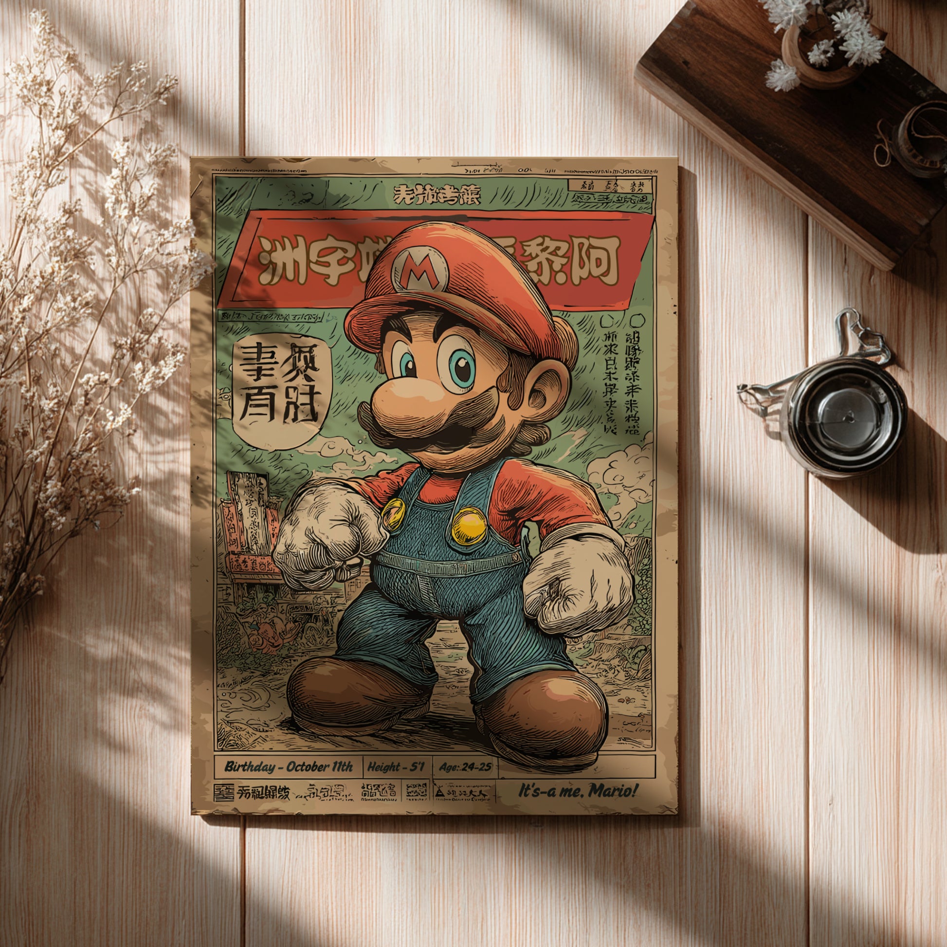 Vintage-style poster of Super Mario on a wooden surface with a cup and plant.