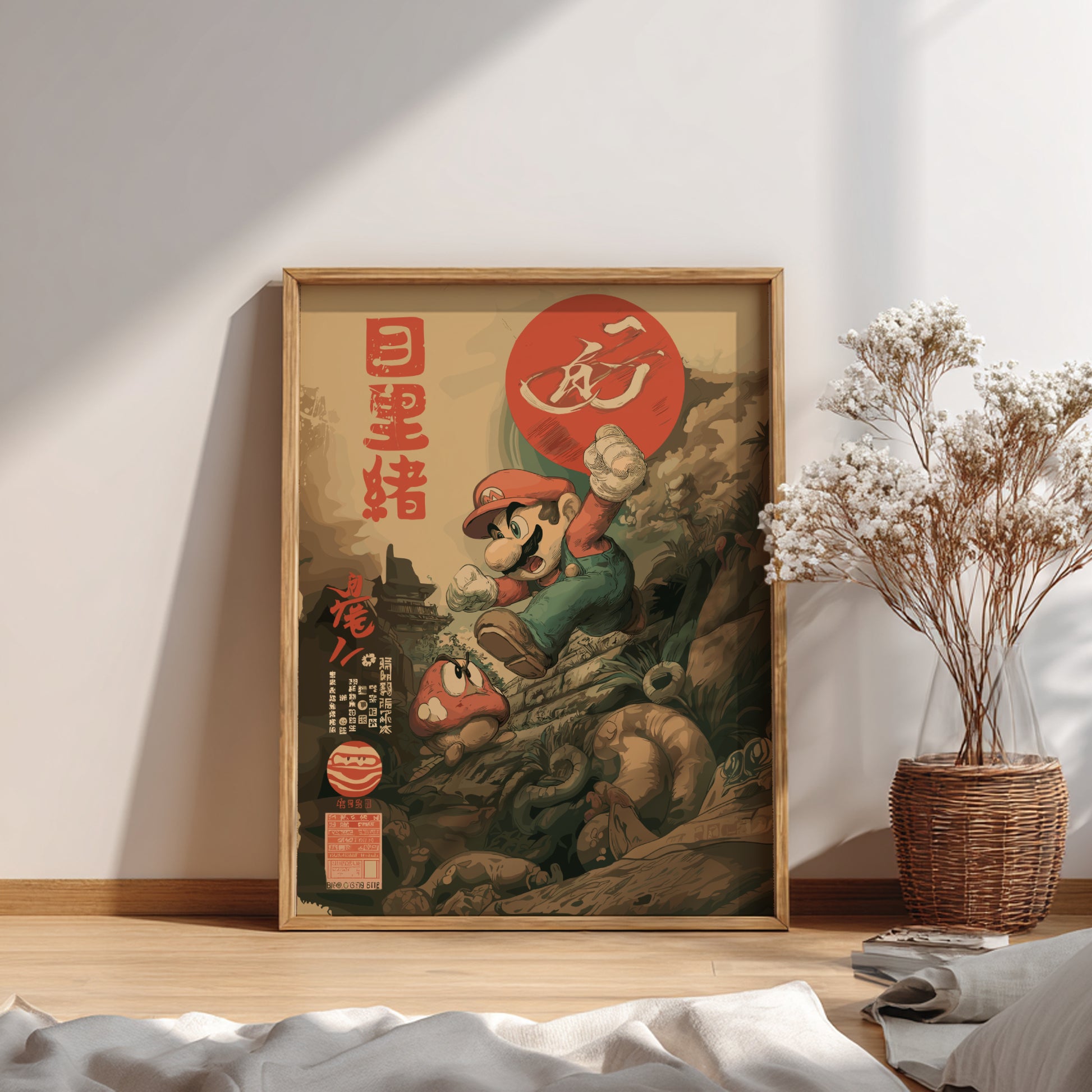Framed artwork of Super Mario with traditional elements on a wall in a room.