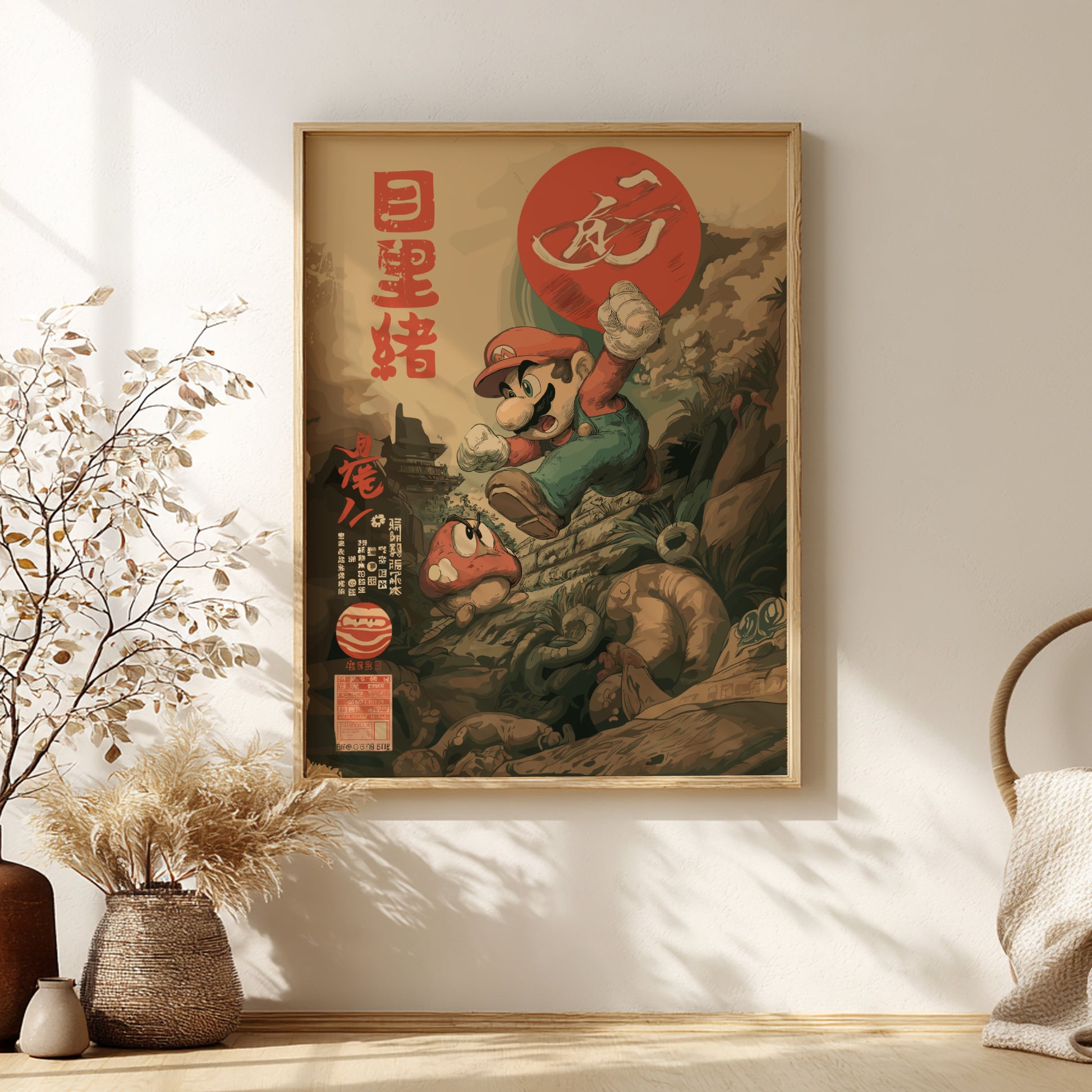 Framed artwork of Super Mario on a mountainous background, placed on a wall.