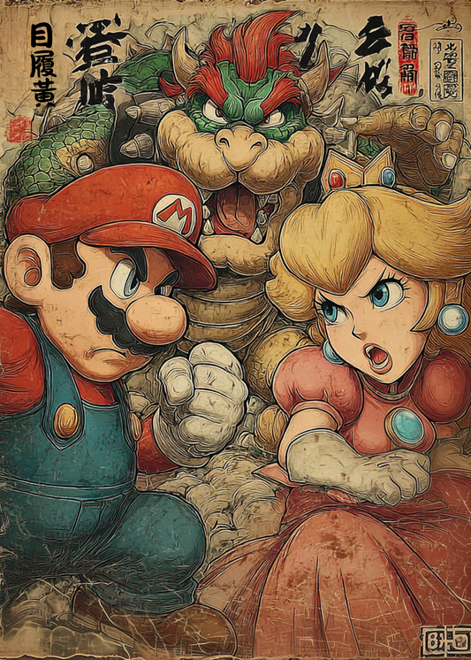 Artistic depiction of characters Mario and Princess Peach with Bowser, in the background.