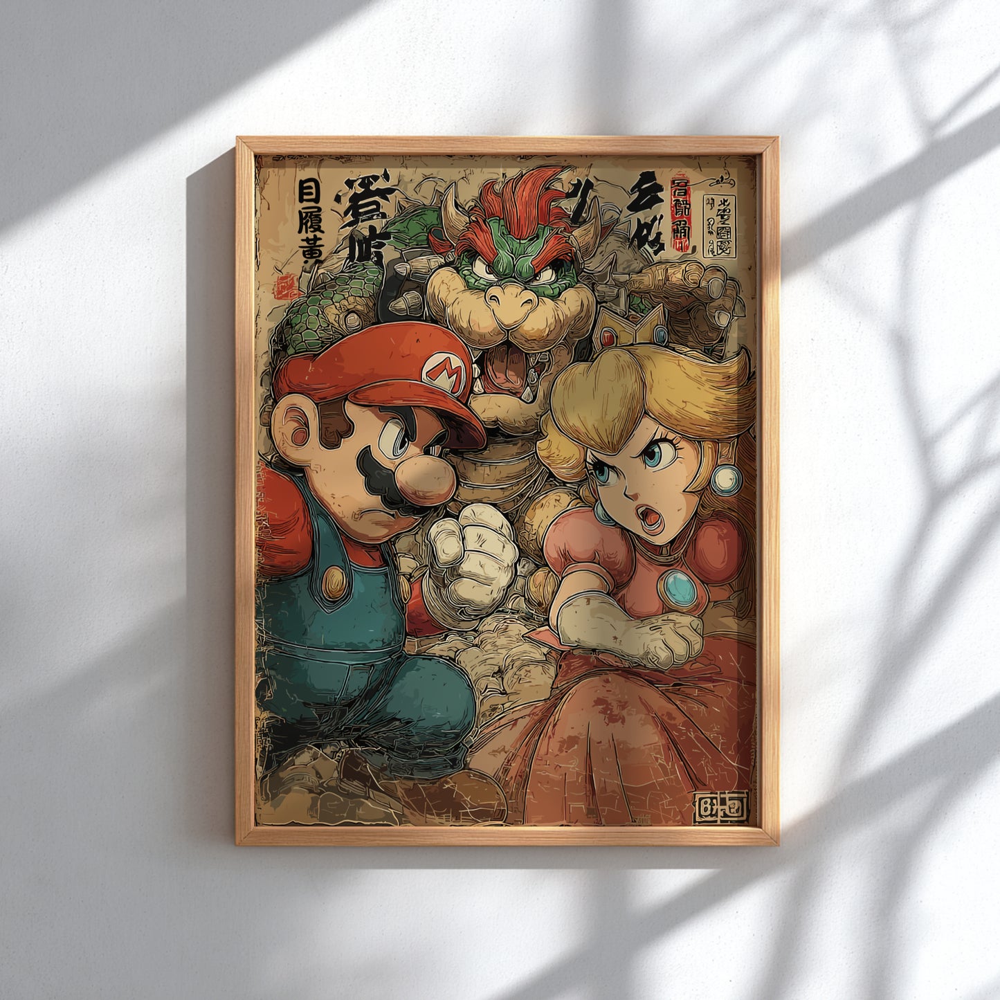 Framed artwork featuring characters Mario, Bowser and Princess Peach from a video game on a light background