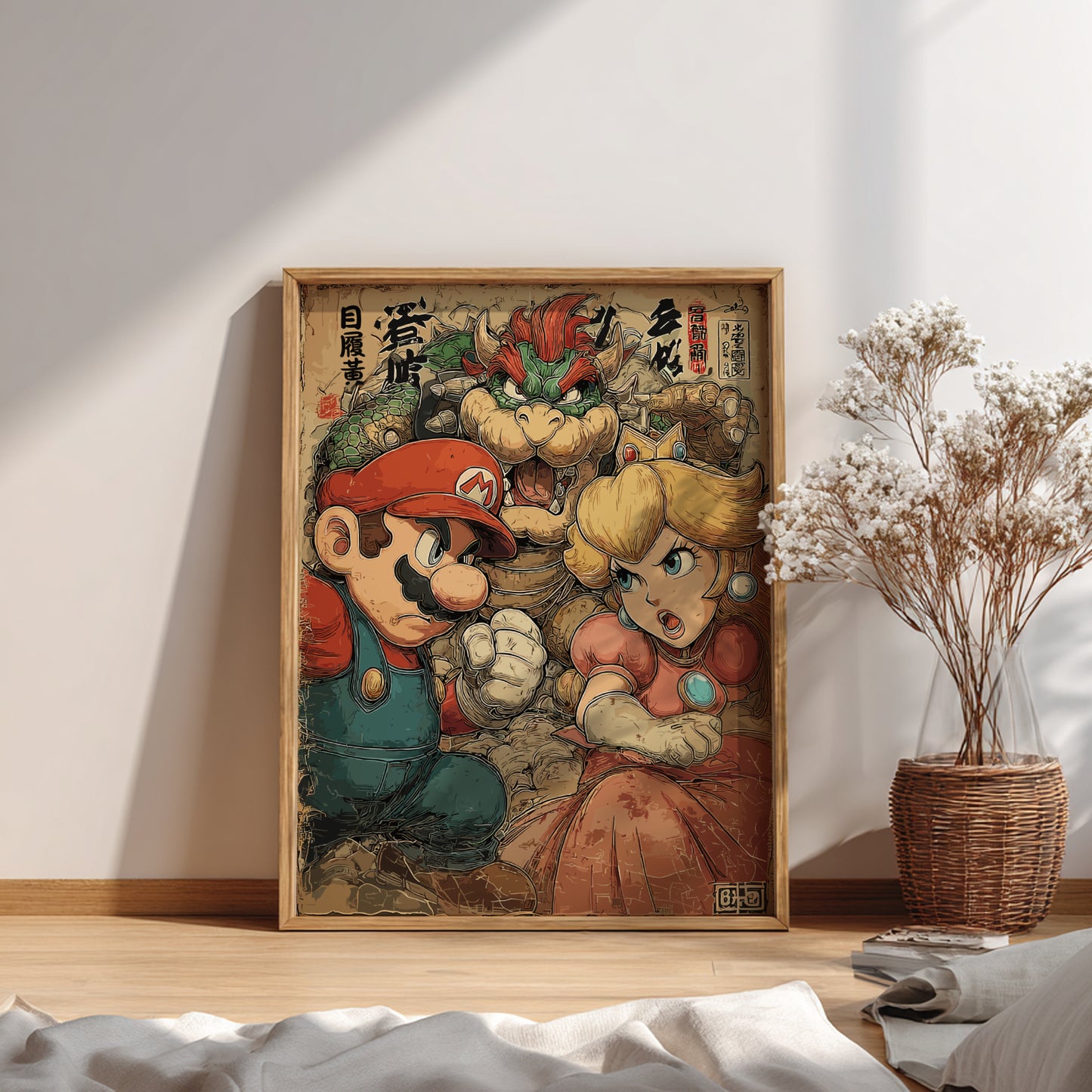Framed artwork of Mario, Bowser and Princess Peach on a wall with a plant and decor items below.