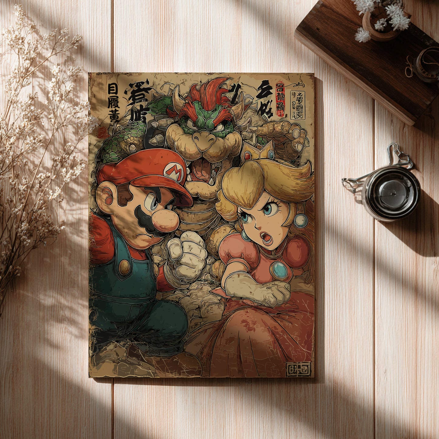 Poster with Mario, Bowser and Princess Peach characters on a wooden surface