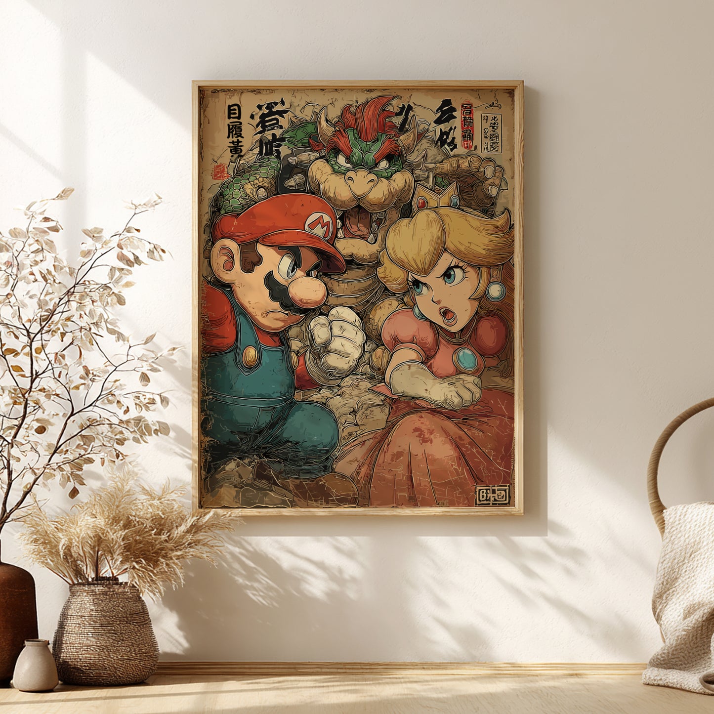Framed artwork of Mario, Bowser and Princess Peach in a room with decor elements.