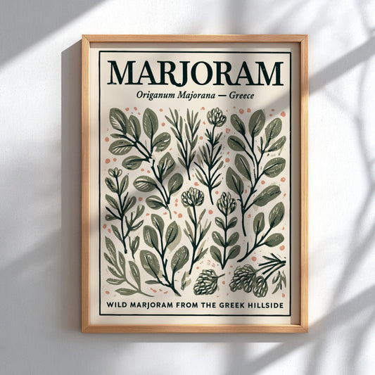 Kitchen poster featuring marjoram illustrations in earthy tones, botanical decor style.