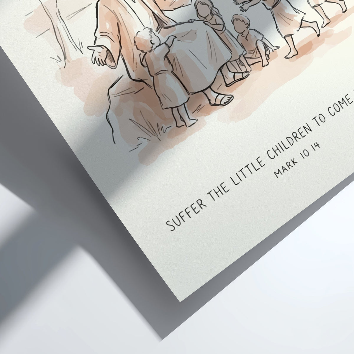 Poster featuring Jesus welcoming children in a soft sepia line drawing minimalist style