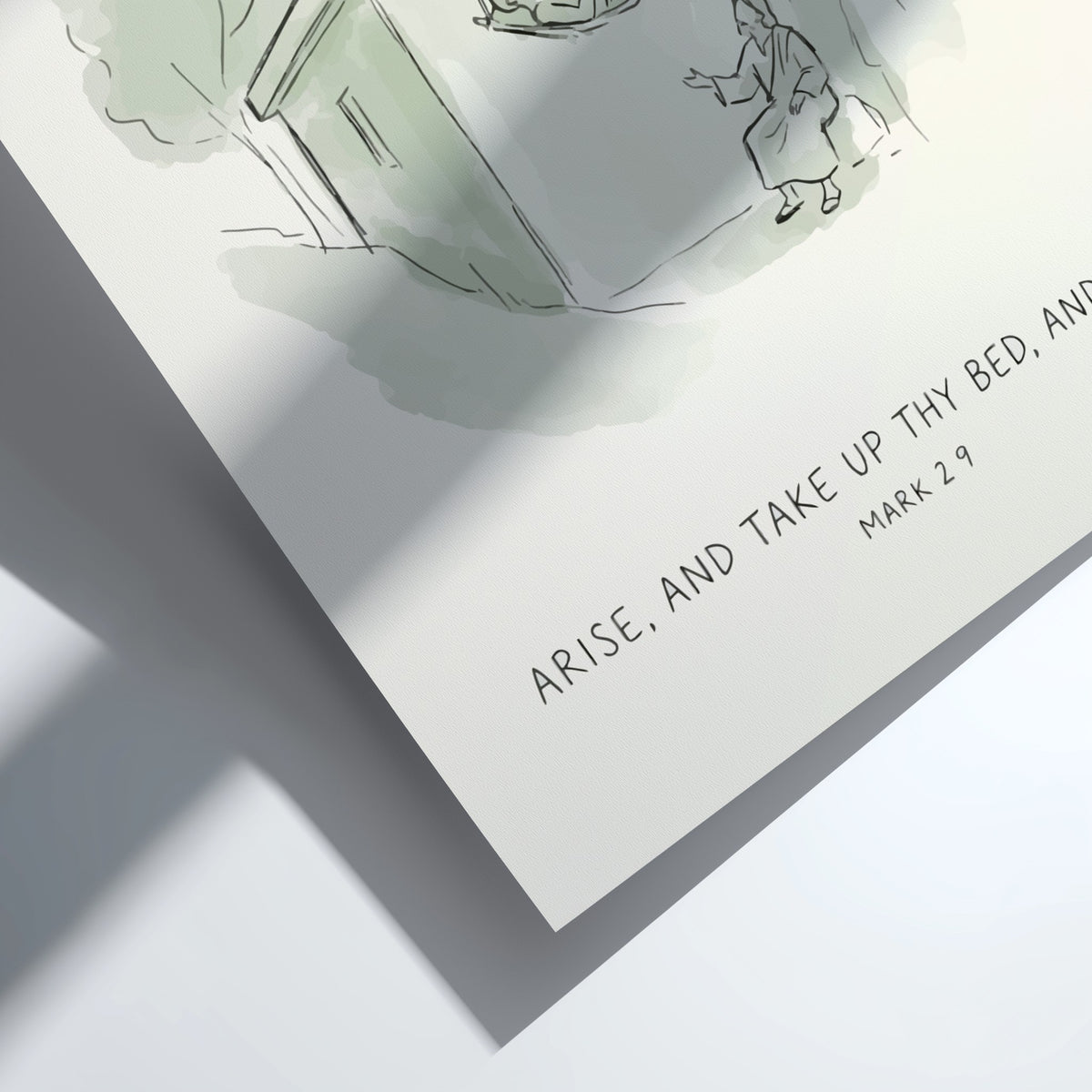 Minimalist Bible poster featuring a line drawing of a healing miracle in green.