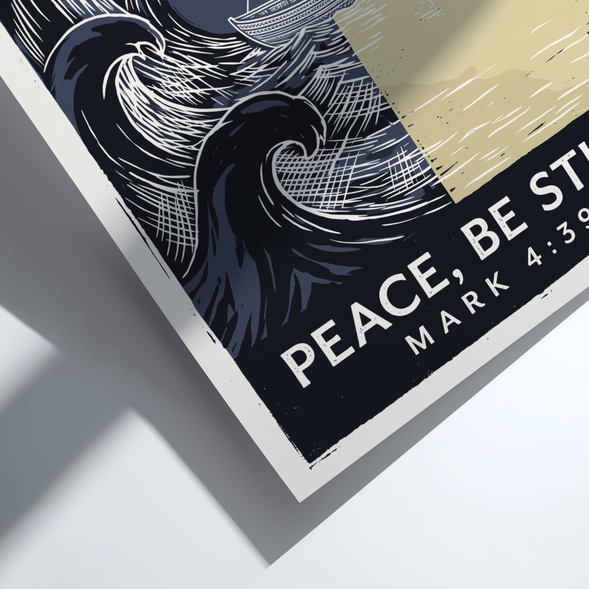 Poster displaying a boat on a stormy sea turning calm with scripture text below.