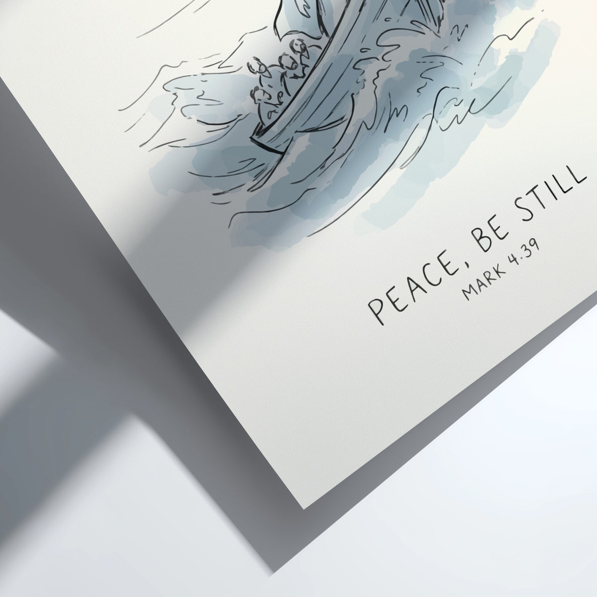 Poster featuring Jesus standing in a boat on stormy blue waves with text below.