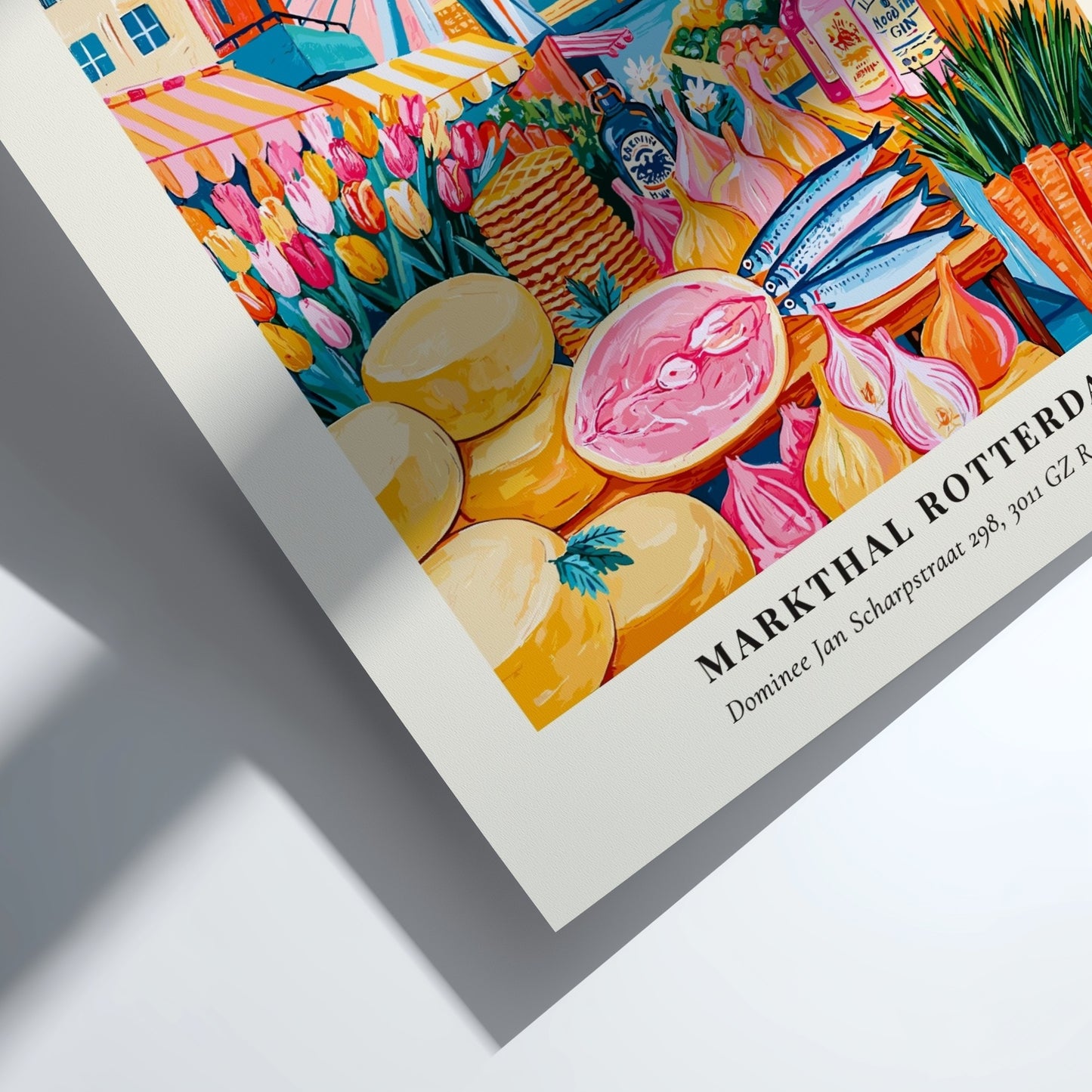 Markthal Rotterdam farmers market poster featuring colorful produce and vibrant cityscape