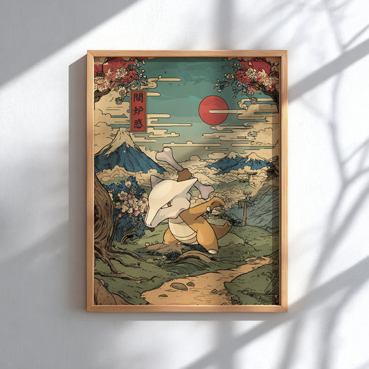 Framed artwork of Marowak Pokemon and Mount Fuji with cherry blossoms and a red sun.