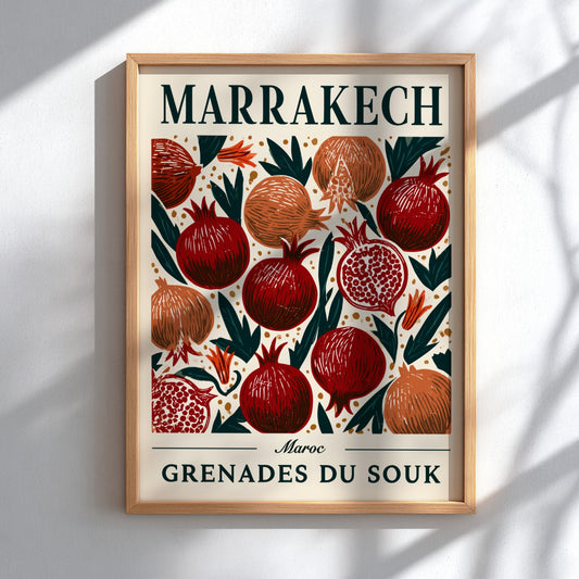 Kitchen poster featuring vibrant pomegranates in rich colors, perfect for home decor.