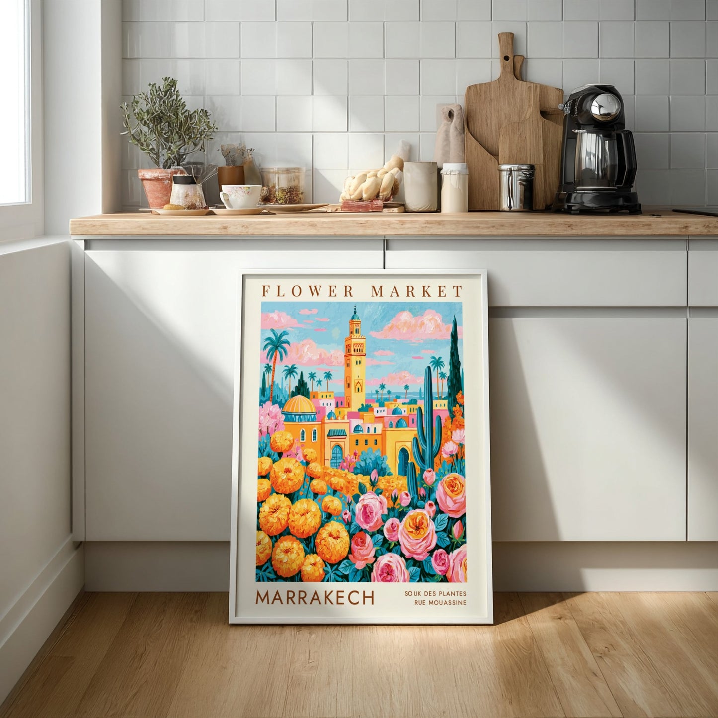 Flower market poster showcasing vibrant colors and city architecture